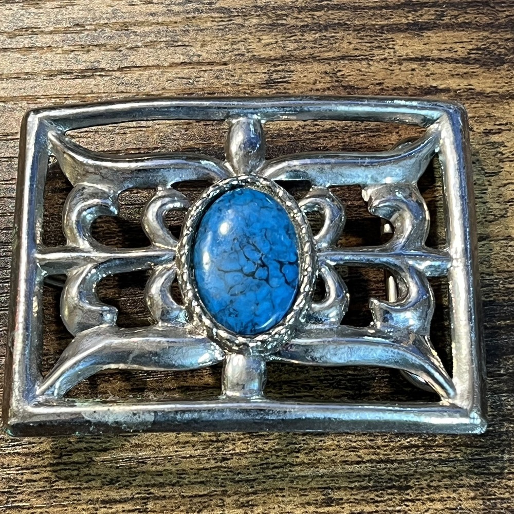 VTG 70's Indigenous Native Metal Belt Buckle Southwest Howlite FauxTurquoise